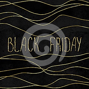 Black Friday sale glitter background. Gold shiny glittering hand drawn lettering on black watercolor texture