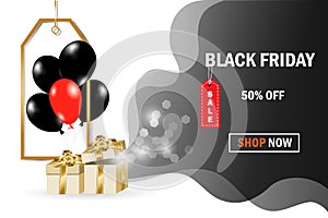 Black Friday sale. Gold gift boxes, black and red balloons with price tag in gradient black background. Poster, template design on