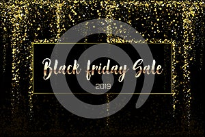 Black Friday Sale Gold glitter confetti texture on a black background. Golden Christmas banner. Gold colorful grainy