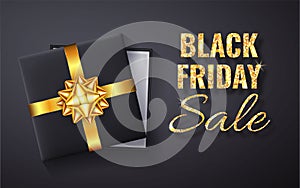 Black Friday Sale Golden glitter sparkle.Open Black Gift box with gold bow and ribbon top view. Vector illustration