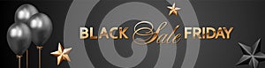 Black Friday Sale golden lettering on dark background with black balloons and gold and black stars. Banner or website header vecto