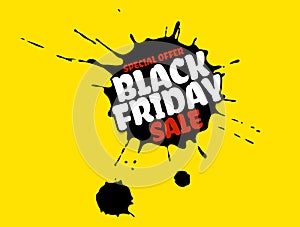 Black Friday Sale grunge poster. Red special offer text banner with grunge black ink drops on bright yellow background