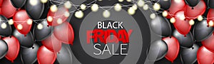 Black Friday Sale header or banner design template. Big sale advertising promo concept with balloons, glowing lights garland and t