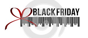 Black Friday sale, horizontal banner in form of Christmas gift with red ribbon, bow and bar code, white background. Brochure or