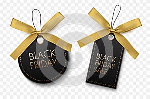 Black Friday sale label with gold bow.