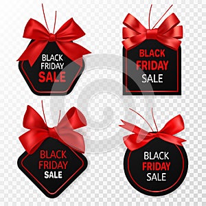 Black friday sale labels. Black and red discount price tags with ribbon bows. Advertising elements for big sale, signage