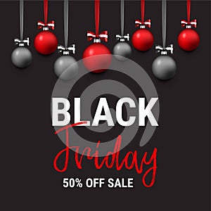 Black friday sale layout background with christmas red and black balls, satin ribbon and bow. Black Friday banner. Vector
