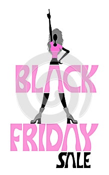 Black friday sale logo and customer woman with forefinger pointing silhouette