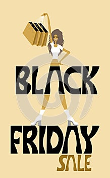 Black friday sale logo and happy female customer with shopping b