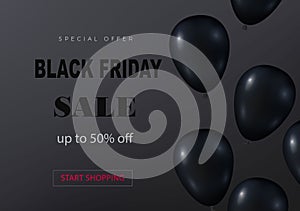 Black friday sale mockup template. On a dark background, black flying balls. Seasonal Sale. Vector