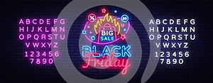 Black Friday Sale neon banner vector design template. Black Friday Big discounts neon logo, light banner design element