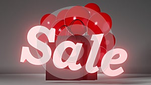 Black friday Sale neon light 3d rendering Blank shopping bag with red balloons Super Special offer promo banner design.