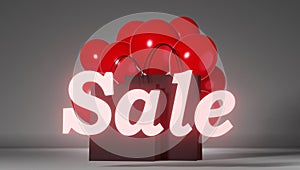 Black friday Sale neon light 3d rendering Blank shopping bag with red balloons Super Special offer promo banner design.