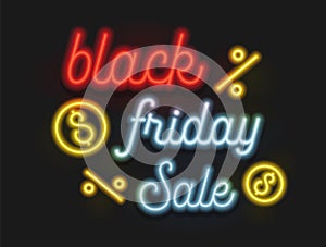 Black Friday Sale Neon Typography with Percent and Dollar Icons for Discount Offer Poster. Creative Banner