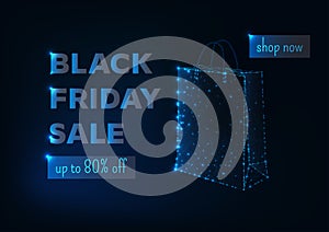 Black friday sale online banner template with glowing low poly shopping bag and text on dark blue background. Futuristic wireframe