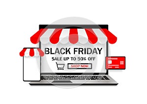 Black Friday sale. Online shopping concept. Laptop screen, Phone mobile, with shop and credit card isolated on white background.