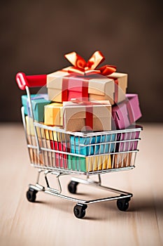 Black Friday Sale and Online Shopping Concepts, Mini Shopping Cart Carrying With Multi Colored Gift Box in a troley