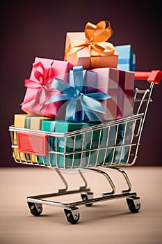 Black Friday Sale and Online Shopping Concepts, Mini Shopping Cart Carrying With Multi Colored Gift Box in a troley