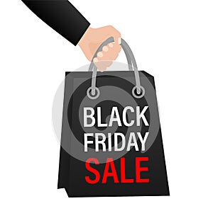 Black friday sale package with hand on white backdrop. White background. 3d illustration. Vector illustration.