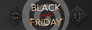 Black friday sale poster background. Premium offer with discounts advert. Gold font, black boxes with bows. Special