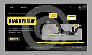 Black Friday sale poster. Commercial discount event banner. Landing page template. Online order and contactless delivery