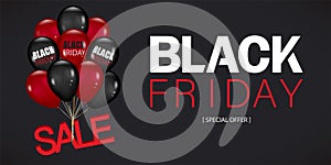 Black Friday Sale Poster with Dark and red Shiny Balloons Bunch Isolated on black Background. Vector illustration