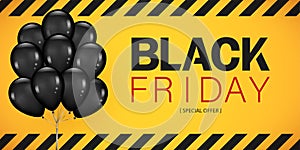 Black Friday Sale Poster with Dark Shiny Balloons Bunch Isolated on yellow Background. Vector illustration