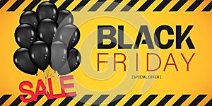 Black Friday Sale Poster with Dark Shiny Balloons Bunch Isolated on yellow Background. Vector illustration