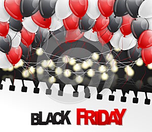 Black Friday Sale poster or flyer with shiny balloons, glowing lights garland under torn out shite sheet of paper