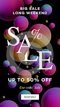 Black Friday sale poster. Home screen with 3d bubbles. Stories template