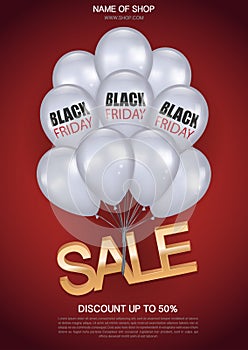 Black Friday sale Poster with Realistic White balloons on red ba