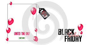 Black Friday Sale Poster with red balloons around square frame and discount tag on white background. illustration
