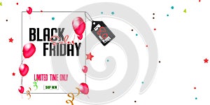 Black Friday Sale Poster with red balloons around square frame and discount tag on white background. illustration. confetti and