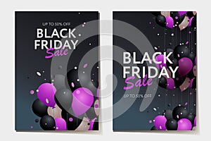 Black Friday sale posters with realistic balloons, confetti pink and black color