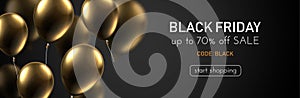 Black friday sale promo banner with gold shiny balloons.
