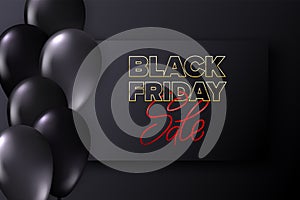 Black Friday sale for promotion design. Dark card with typography and realistic glossy flying monochrome balloons. Advertising