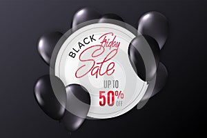 Black Friday sale for promotion special offer discount design. White sticker with lettering and realistic glossy flying monochrome