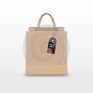 Black Friday Sale. Realistic brown Paper shopping bag with handles and funky tag isolated on white background. Vector illustration