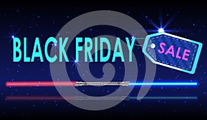 Black Friday sale realistic paper price tag on background with light sword.