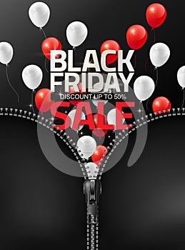 Black Friday sale with red white balloons are opened by dragging zipper for design template banner flyer, Vector illustration