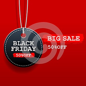 Black friday sale round tag with discount on red background photo