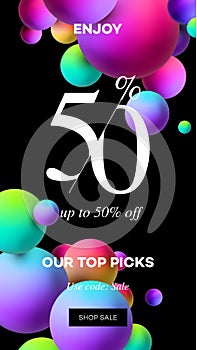 Black Friday sale for social media. Home screen with 3d bubbles for stories and post, mobile app, banners, cards