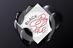 Black Friday sale for special offer discount design. White card with promotion lettering and realistic glossy flying monochrome