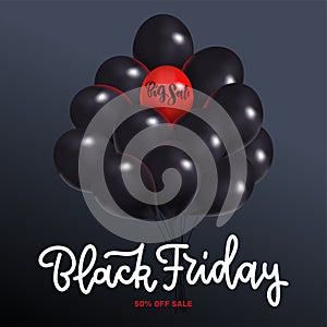 Black Friday Sale Square Poster with Dark Shiny Balloons Bunch Isolated on black Background. Vector 3d realistic illustration. One