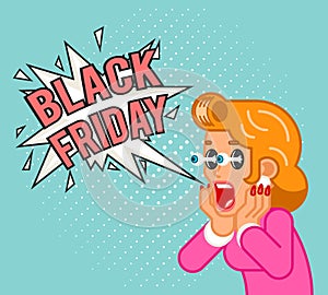 Black friday sale surprised female customer girl character shocked woman scream wow commercial business offer flat