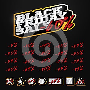 Black Friday Sale tag builder kit typography in sport retor style. Shop or online shopping. Sticker, badge coupon store Vector