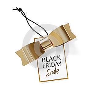 Black friday sale tag with gold bow isolated on white background