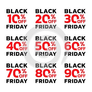 Black Friday Sale tag, icon or label set. 10, 20, 30, 40, 50, 60, 70, 80, 90 price off banners or badges. Modern discount card