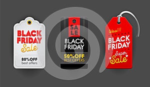 Black Friday Sale Tags or Emblems Set. Labels Icons and Signs with Typography for Price Cards, Banners or Logo Design