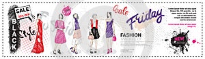 Black Friday Sale Template Horizontal Banner With Hand Drawn Fashion Models And Copy Space, New Collection Of Clothes